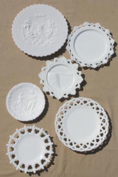 catalog photo of decorative milk glass plates, collector plate collection lace edge & embossed milk glass