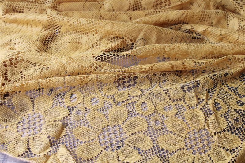 photo of deep mustard gold lace tablecloth, round cloth with sunflowers 70s 80s vintage #1