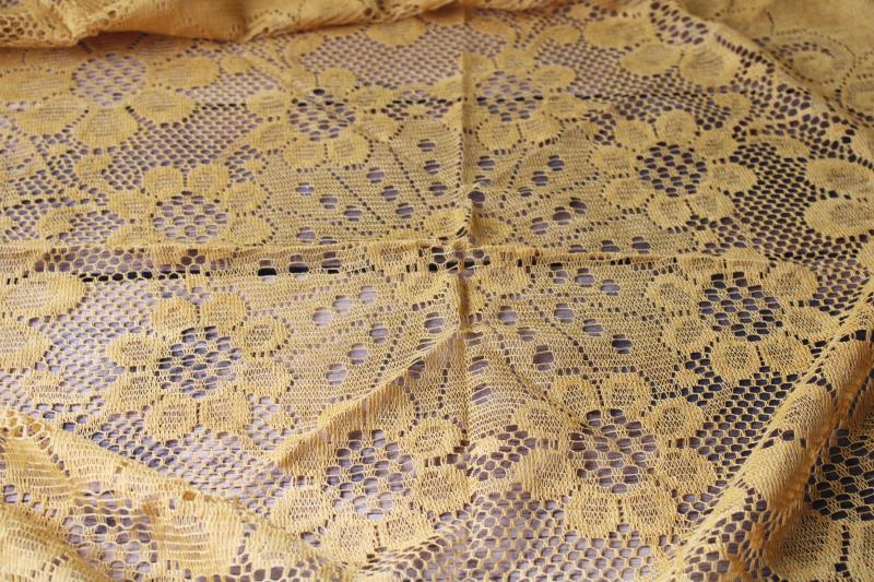 photo of deep mustard gold lace tablecloth, round cloth with sunflowers 70s 80s vintage #2