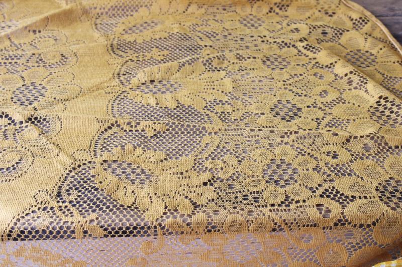 photo of deep mustard gold lace tablecloth, round cloth with sunflowers 70s 80s vintage #3