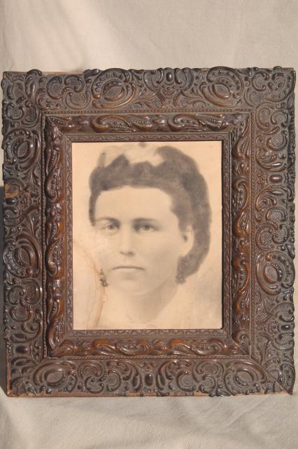 photo of deep picture frame w/ lovely antique gesso decoration, vintage photo portrait #1