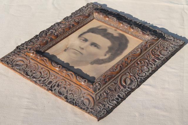 photo of deep picture frame w/ lovely antique gesso decoration, vintage photo portrait #5