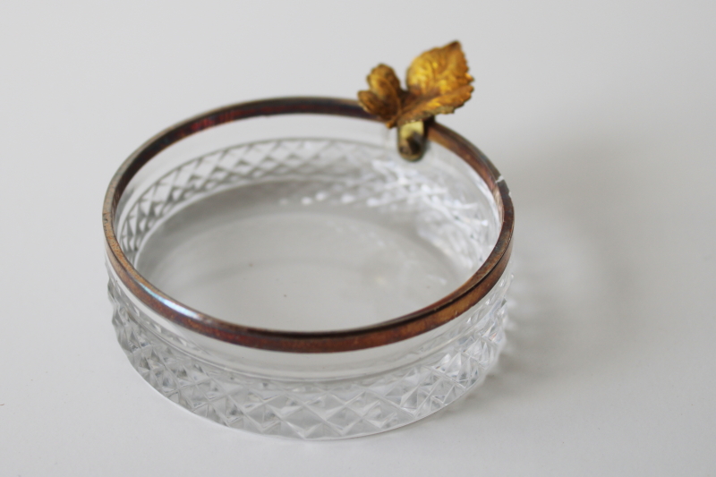 photo of delicate hand cut lead crystal vintage trinket dish or ashtray, tiny gold leaf & trim  #1