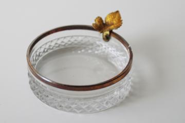 catalog photo of delicate hand cut lead crystal vintage trinket dish or ashtray, tiny gold leaf & trim 