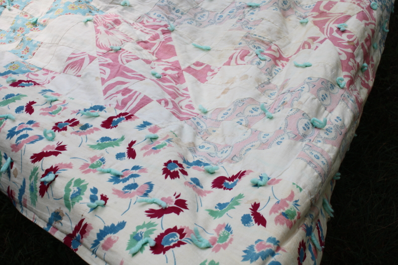 photo of depression era handmade patchwork quilt, vintage print cotton feed sack fabric soft pretty colors  #2