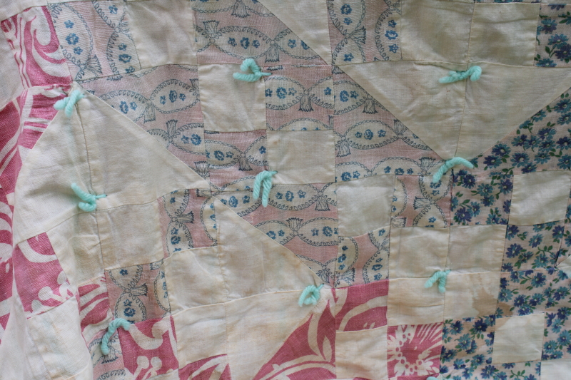 photo of depression era handmade patchwork quilt, vintage print cotton feed sack fabric soft pretty colors  #3