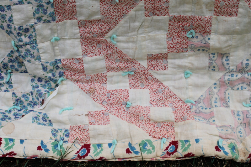 photo of depression era handmade patchwork quilt, vintage print cotton feed sack fabric soft pretty colors  #4