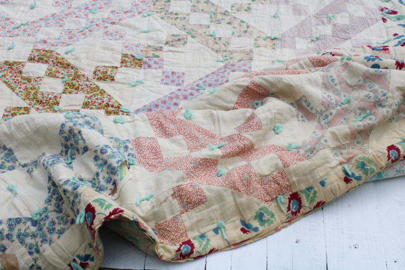photo of depression era handmade patchwork quilt, vintage print cotton feed sack fabric soft pretty colors  #6
