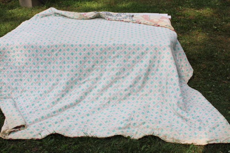 photo of depression era handmade patchwork quilt, vintage print cotton feed sack fabric soft pretty colors  #7