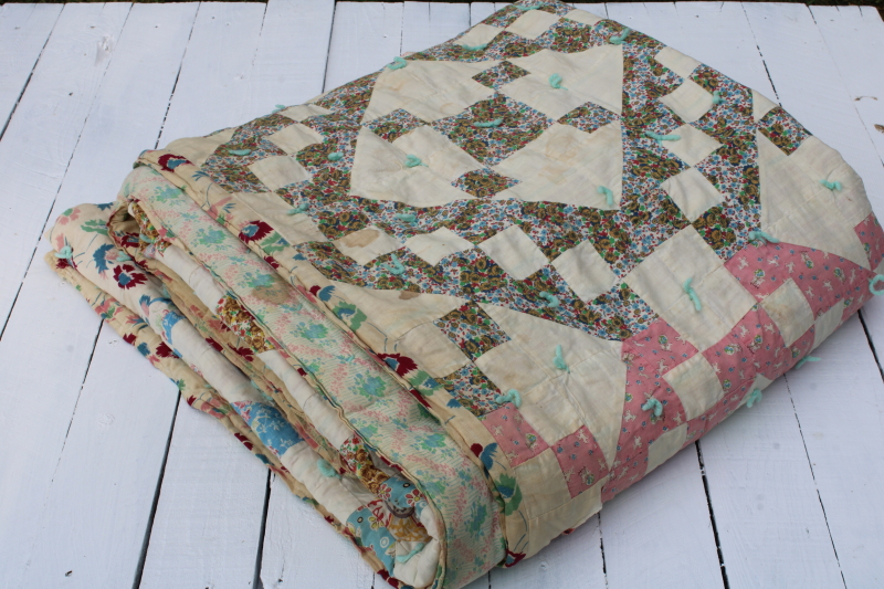 photo of depression era handmade patchwork quilt, vintage print cotton feed sack fabric soft pretty colors  #9