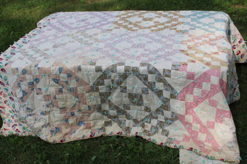 photo of depression era handmade patchwork quilt, vintage print cotton feed sack fabric soft pretty colors  #10