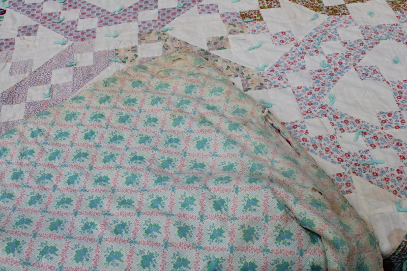 photo of depression era handmade patchwork quilt, vintage print cotton feed sack fabric soft pretty colors  #11