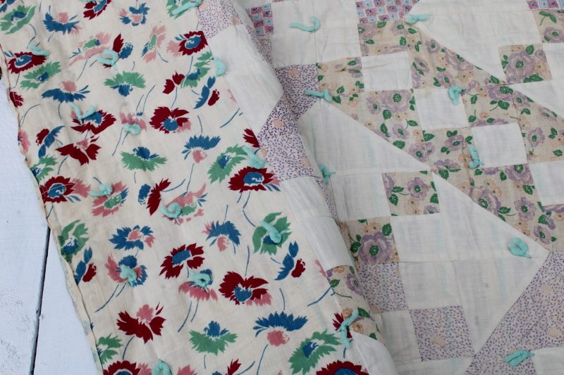 photo of depression era handmade patchwork quilt, vintage print cotton feed sack fabric soft pretty colors  #12