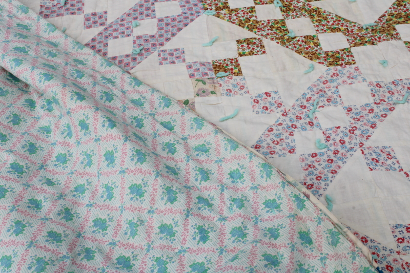 photo of depression era handmade patchwork quilt, vintage print cotton feed sack fabric soft pretty colors  #13