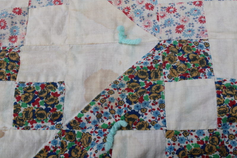 photo of depression era handmade patchwork quilt, vintage print cotton feed sack fabric soft pretty colors  #14