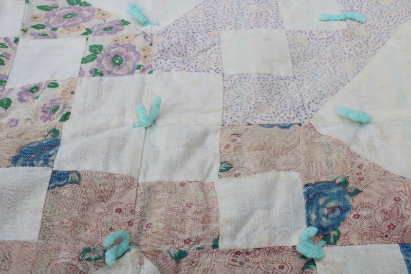 photo of depression era handmade patchwork quilt, vintage print cotton feed sack fabric soft pretty colors  #15