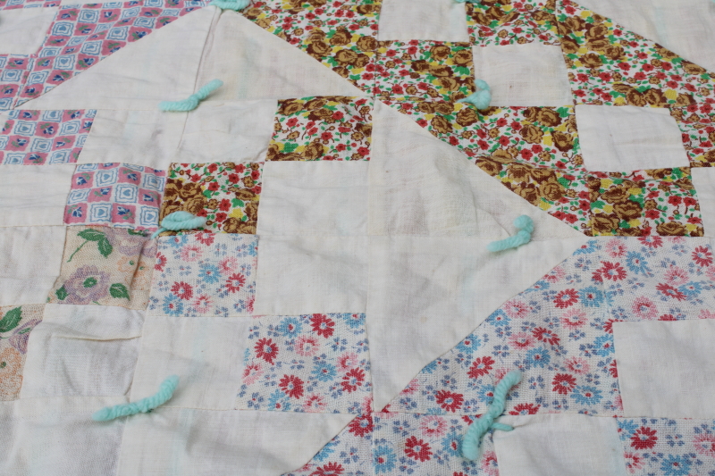 photo of depression era handmade patchwork quilt, vintage print cotton feed sack fabric soft pretty colors  #16