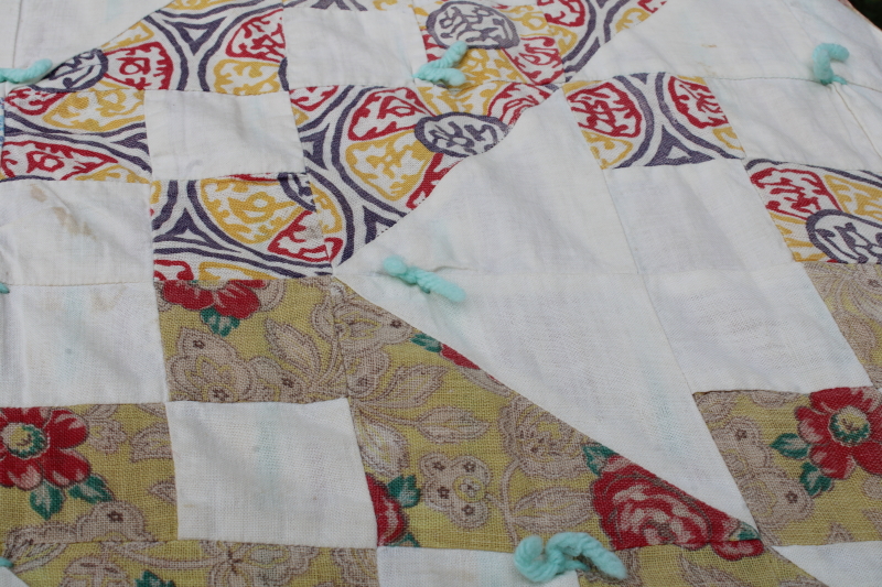 photo of depression era handmade patchwork quilt, vintage print cotton feed sack fabric soft pretty colors  #17