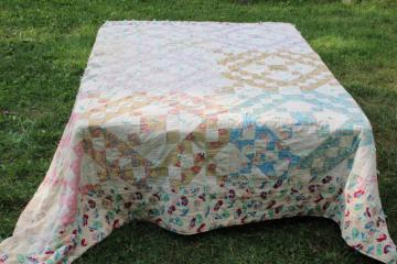 catalog photo of depression era handmade patchwork quilt, vintage print cotton feed sack fabric soft pretty colors 