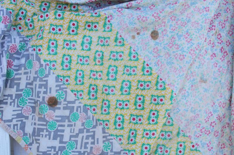 photo of depression era primitive quilt patched from whole feedsacks, 1930s vintage cotton prints #4