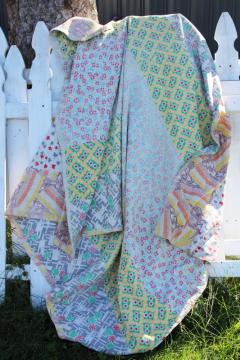 depression era primitive quilt patched from whole feedsacks, 1930s vintage cotton prints