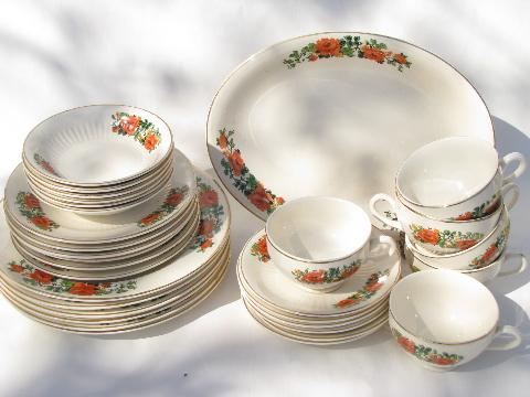 photo of depression era vintage everyday kitchen table dishes, poppies floral china for 6 #1