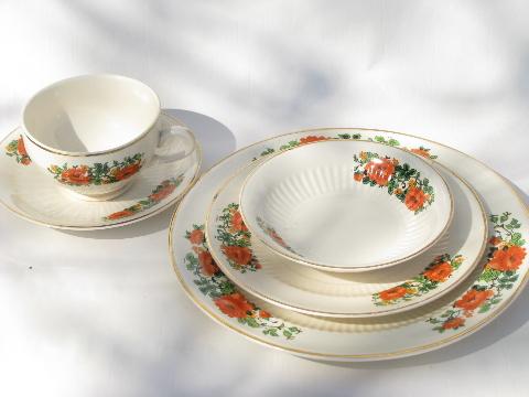 photo of depression era vintage everyday kitchen table dishes, poppies floral china for 6 #2