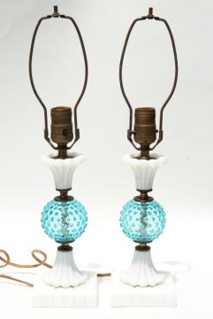 catalog photo of depression era vintage glass lamps, blue hobnail & milk glass, 30s Fenton?