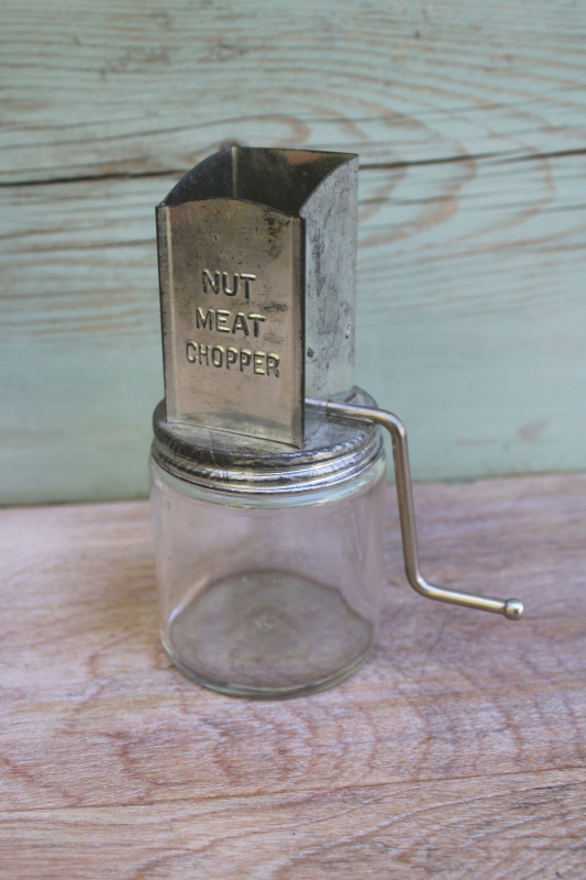 photo of depression era vintage hand crank metal nut meat grinder w/ Hazel Atlas glass jar #1