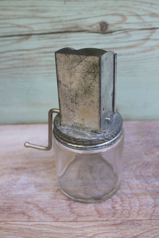 photo of depression era vintage hand crank metal nut meat grinder w/ Hazel Atlas glass jar #2