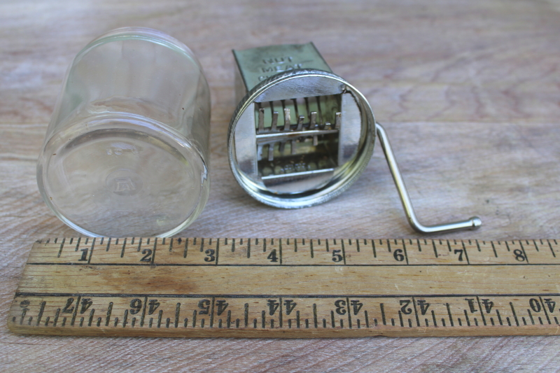 photo of depression era vintage hand crank metal nut meat grinder w/ Hazel Atlas glass jar #4