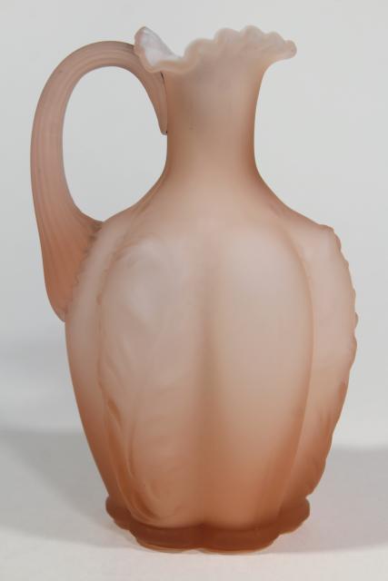 photo of depression pink frosted satin mist glass cruet pitcher, overlay cased glass white & pink #2