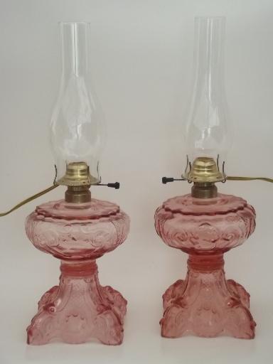 photo of depression pink glass lamps, A Homestead Shoppe electricfied oil lamps #1