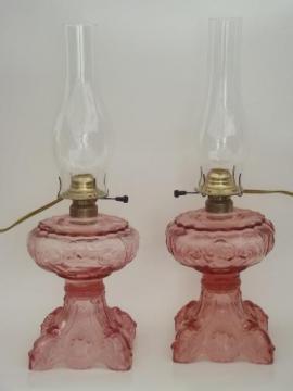 catalog photo of depression pink glass lamps, A Homestead Shoppe electricfied oil lamps