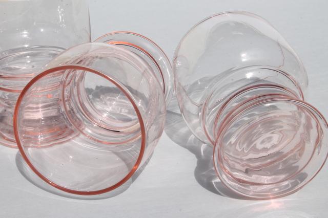 photo of depression pink glass tumblers, stacked bands ring rib grip pattern drinking glasses #3