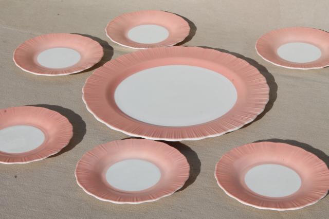 photo of depression vintage Cremax milk glass cake plates dessert set, pink crinoline ruffle glass #1