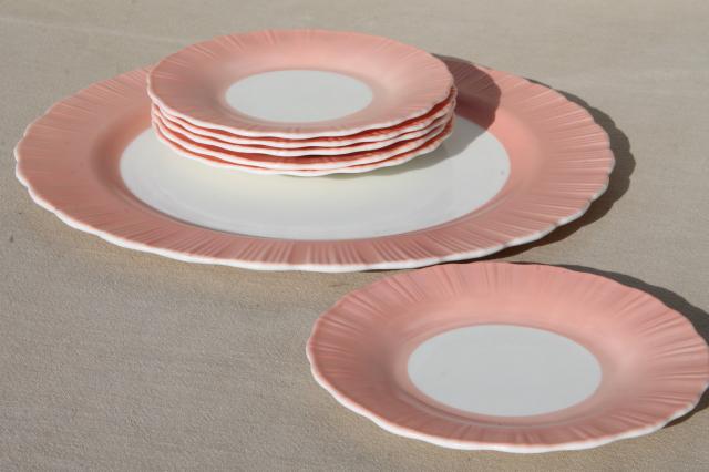 photo of depression vintage Cremax milk glass cake plates dessert set, pink crinoline ruffle glass #2