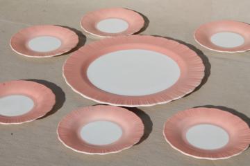 catalog photo of depression vintage Cremax milk glass cake plates dessert set, pink crinoline ruffle glass