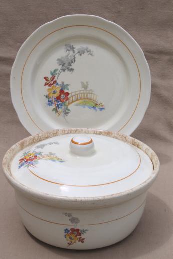 photo of depression vintage Lincoln Illinois china covered bowl & plate, bridge & flowers pattern #1