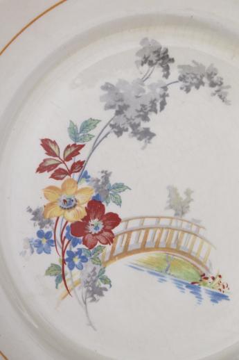 photo of depression vintage Lincoln Illinois china covered bowl & plate, bridge & flowers pattern #6