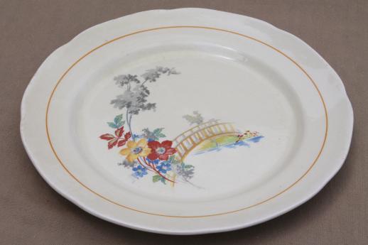 photo of depression vintage Lincoln Illinois china covered bowl & plate, bridge & flowers pattern #7