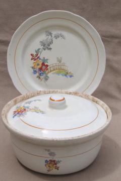 catalog photo of depression vintage Lincoln Illinois china covered bowl & plate, bridge & flowers pattern