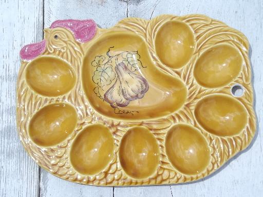 photo of deviled egg plate, hand painted ceramic hen or rooster tray, vintage Japan #1