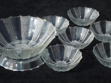 catalog photo of dew drop pattern pressed glass salad set, dewdrop bowl w/ stand, 6 bowls