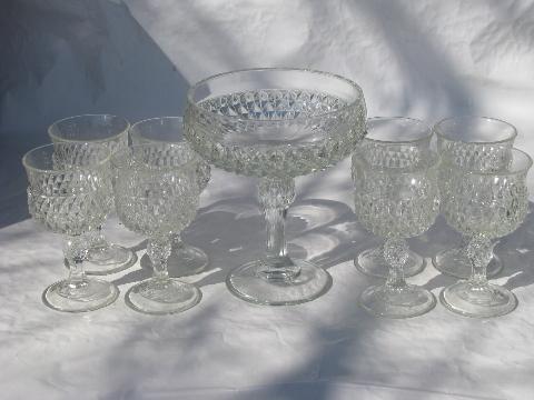 photo of diamond point pattern glass, set of goblets & compote, 8 vintage water glasses #1