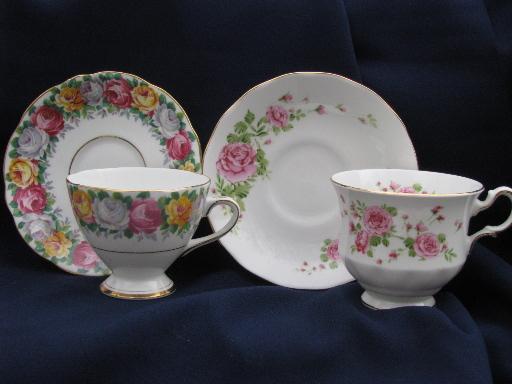 photo of different florals roses and violets china cup and saucer sets, vintage England, Japan #2