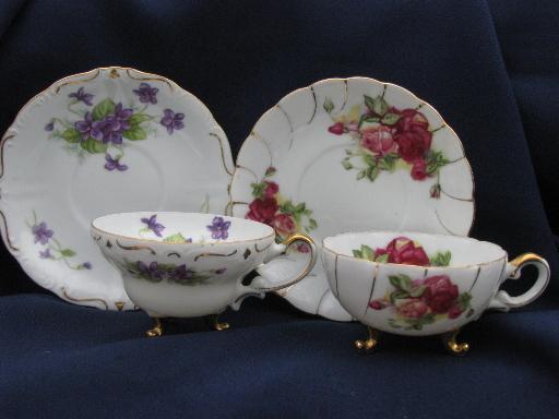 photo of different florals roses and violets china cup and saucer sets, vintage England, Japan #5