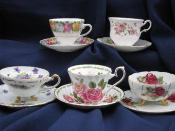 catalog photo of different florals roses and violets china cup and saucer sets, vintage England, Japan