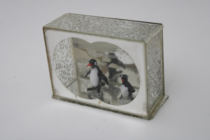 photo of diorama style vintage Christmas ornament, tiny mirrored display case w/ mini blown glass penguins #2