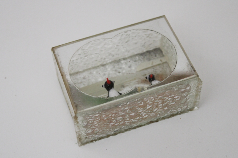 photo of diorama style vintage Christmas ornament, tiny mirrored display case w/ mini blown glass penguins #5